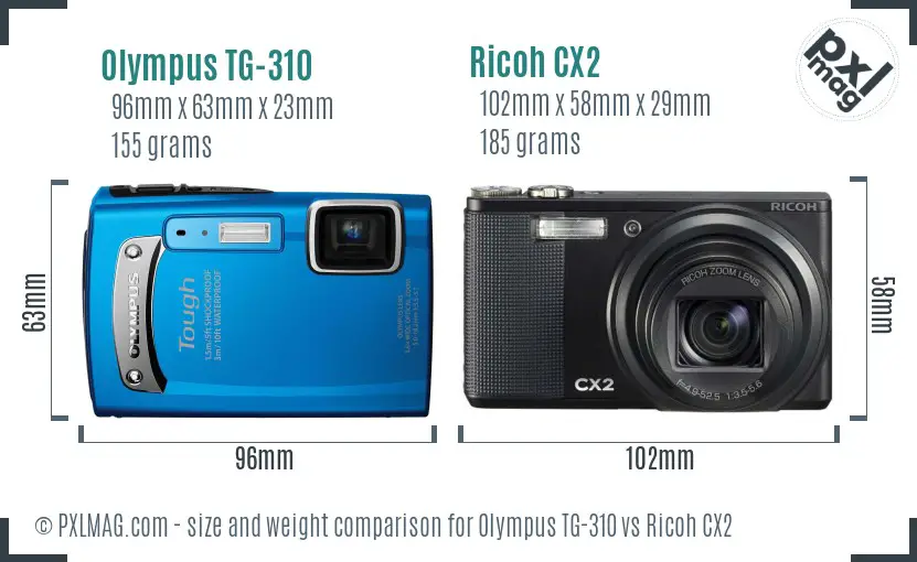 Olympus TG-310 vs Ricoh CX2 size comparison