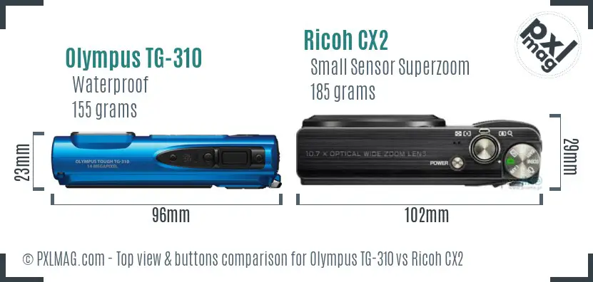 Olympus TG-310 vs Ricoh CX2 top view buttons comparison