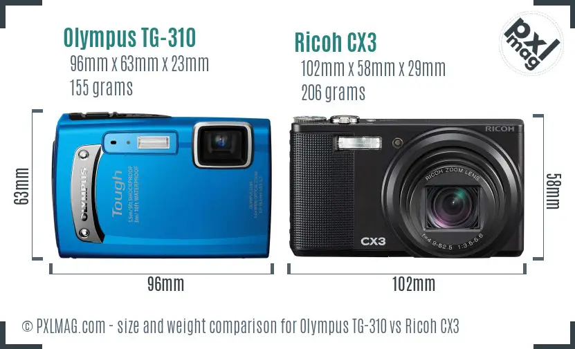 Olympus TG-310 vs Ricoh CX3 size comparison Olympus TG-310 vs Ricoh CX3 size comparison