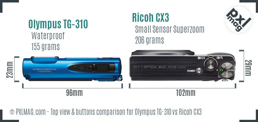 Olympus TG-310 vs Ricoh CX3 top view buttons comparison Olympus TG-310 vs Ricoh CX3 top view buttons comparison