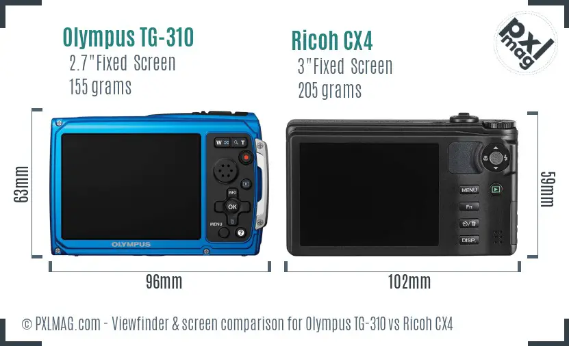 Olympus TG-310 vs Ricoh CX4 Screen and Viewfinder comparison