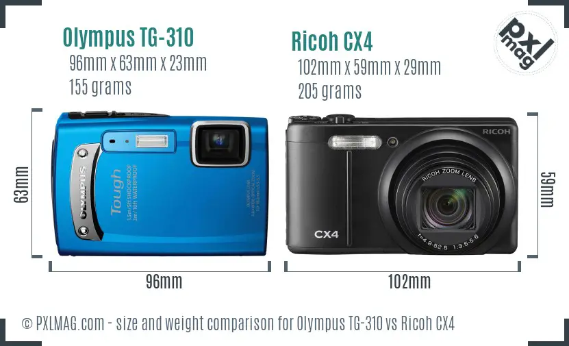 Olympus TG-310 vs Ricoh CX4 size comparison