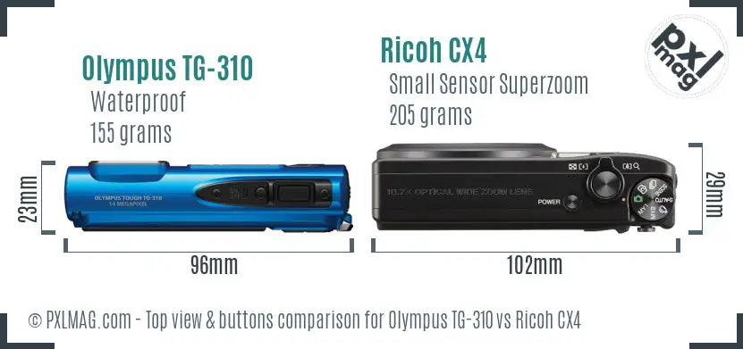 Olympus TG-310 vs Ricoh CX4 top view buttons comparison