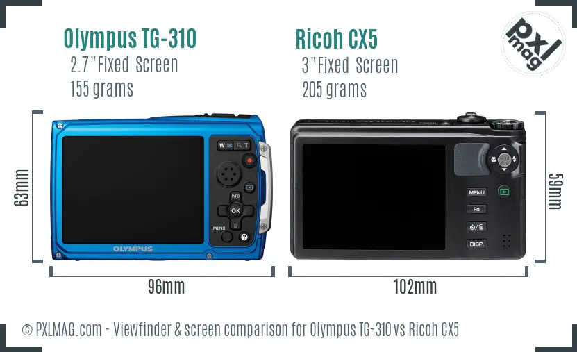 Olympus TG-310 vs Ricoh CX5 Screen and Viewfinder comparison