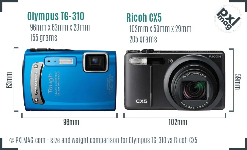 Olympus TG-310 vs Ricoh CX5 size comparison
