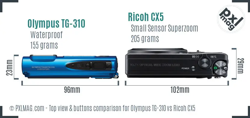 Olympus TG-310 vs Ricoh CX5 top view buttons comparison