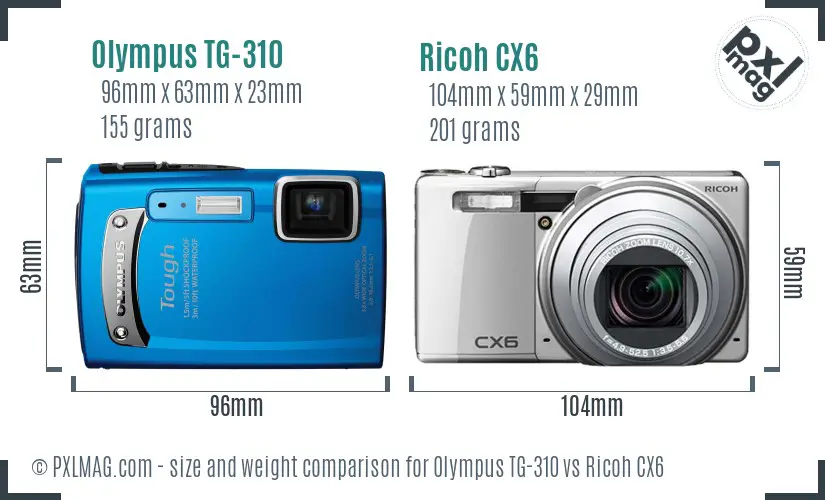 Olympus TG-310 vs Ricoh CX6 size comparison