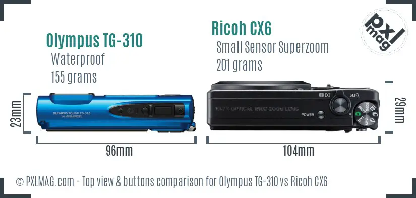 Olympus TG-310 vs Ricoh CX6 top view buttons comparison