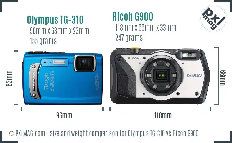 Olympus TG-310 vs Ricoh G900 size comparison