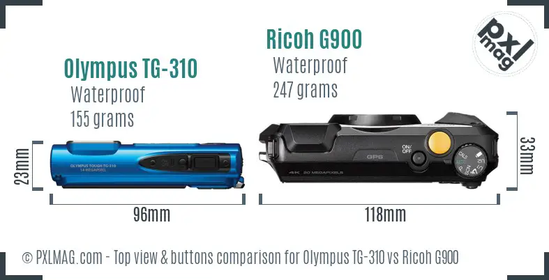 Olympus TG-310 vs Ricoh G900 top view buttons comparison