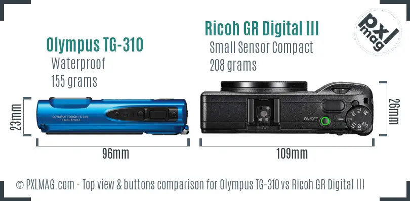 Olympus TG-310 vs Ricoh GR Digital III top view buttons comparison