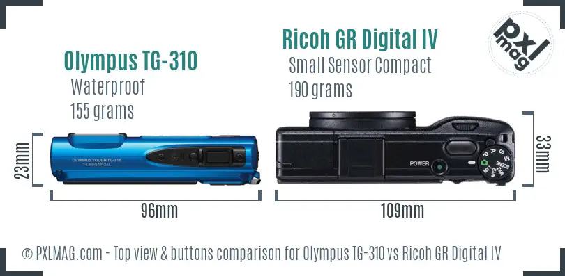 Olympus TG-310 vs Ricoh GR Digital IV top view buttons comparison