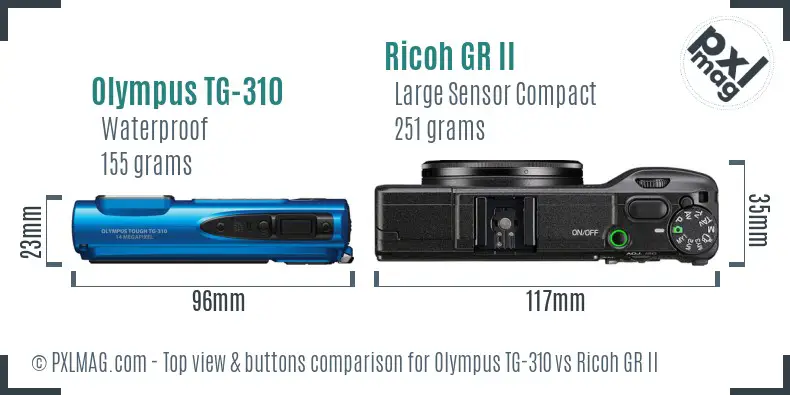 Olympus TG-310 vs Ricoh GR II top view buttons comparison