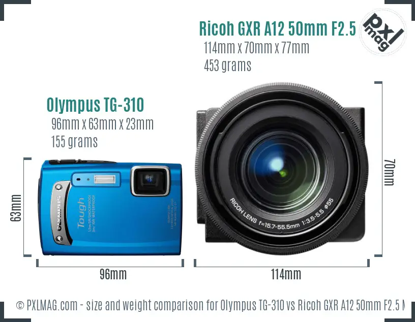 Olympus TG-310 vs Ricoh GXR A12 50mm F2.5 Macro size comparison