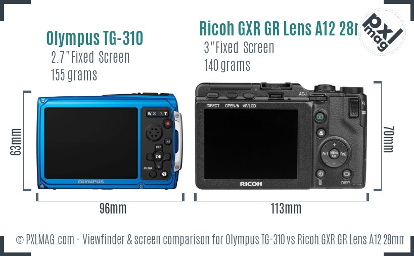 Olympus TG-310 vs Ricoh GXR GR Lens A12 28mm F2.5 Screen and Viewfinder comparison