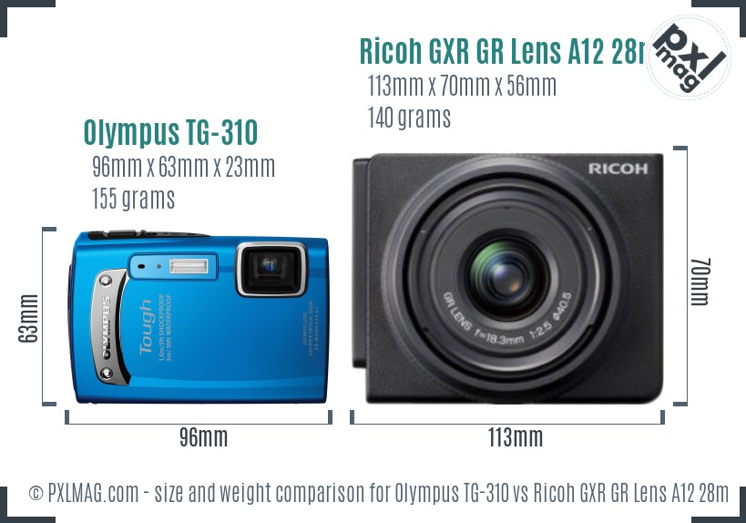 Olympus TG-310 vs Ricoh GXR GR Lens A12 28mm F2.5 size comparison