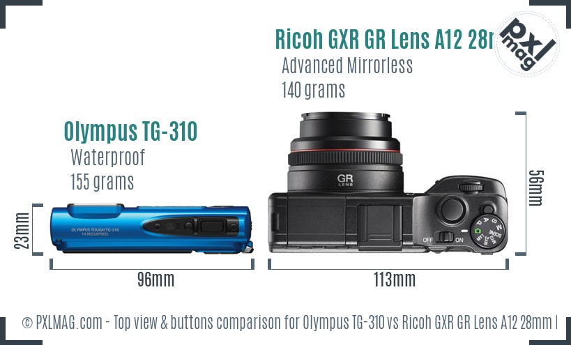 Olympus TG-310 vs Ricoh GXR GR Lens A12 28mm F2.5 top view buttons comparison