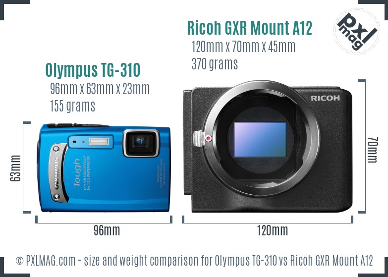 Olympus TG-310 vs Ricoh GXR Mount A12 size comparison