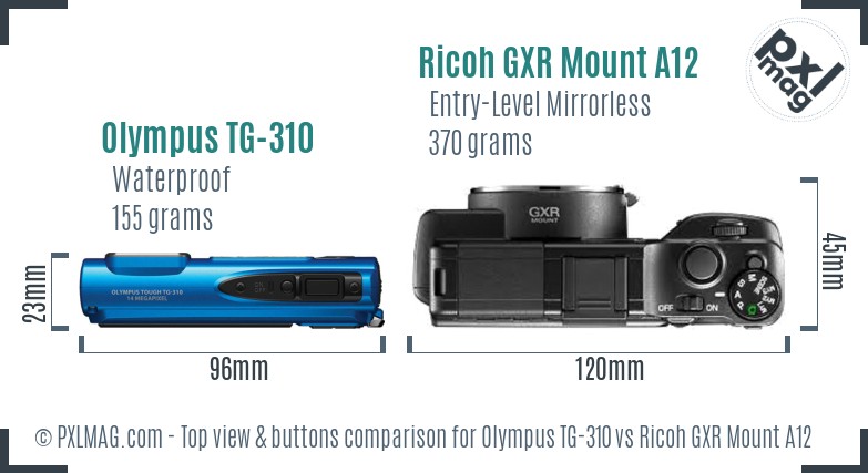 Olympus TG-310 vs Ricoh GXR Mount A12 top view buttons comparison