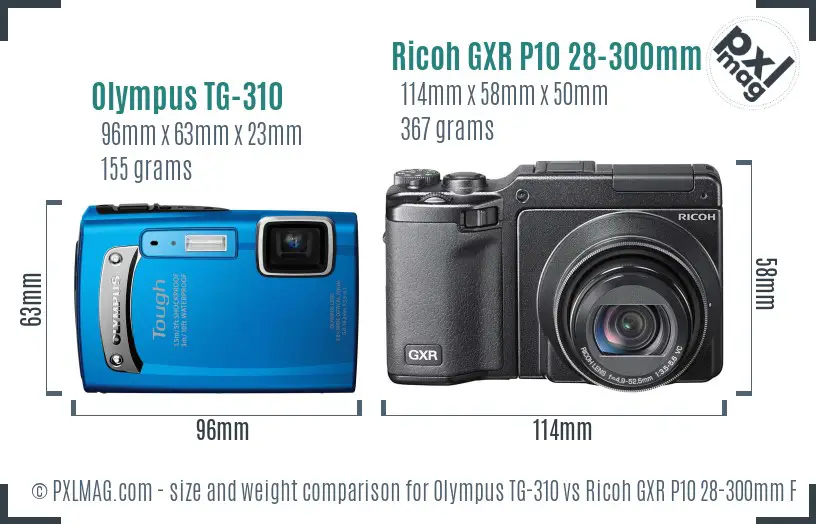 Olympus TG-310 vs Ricoh GXR P10 28-300mm F3.5-5.6 VC size comparison