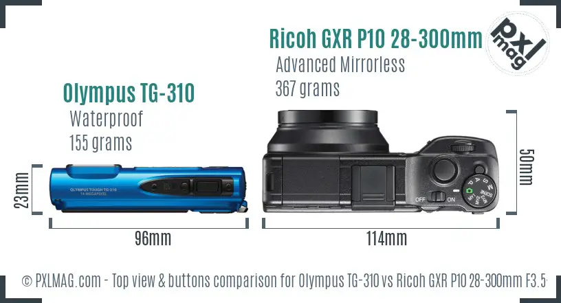 Olympus TG-310 vs Ricoh GXR P10 28-300mm F3.5-5.6 VC top view buttons comparison