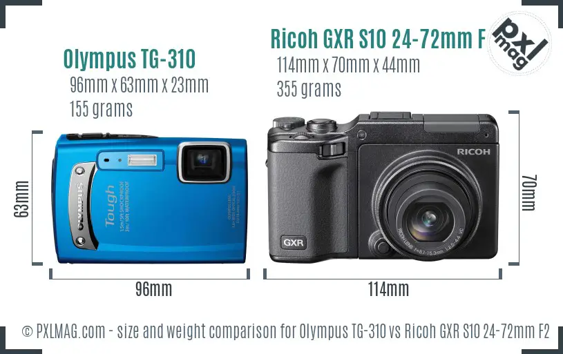 Olympus TG-310 vs Ricoh GXR S10 24-72mm F2.5-4.4 VC size comparison Olympus TG-310 vs Ricoh GXR S10 24-72mm F2.5-4.4 VC size comparison