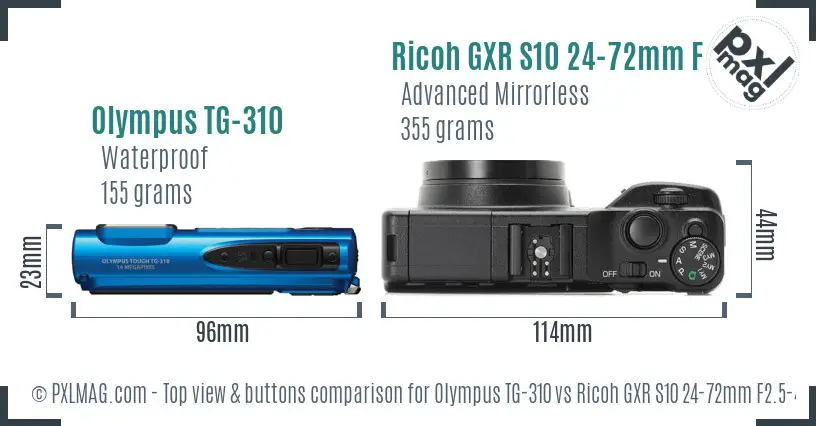 Olympus TG-310 vs Ricoh GXR S10 24-72mm F2.5-4.4 VC top view buttons comparison Olympus TG-310 vs Ricoh GXR S10 24-72mm F2.5-4.4 VC top view buttons comparison