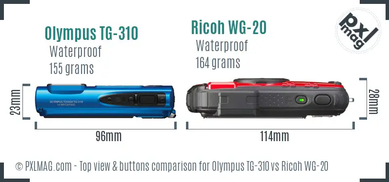 Olympus TG-310 vs Ricoh WG-20 top view buttons comparison