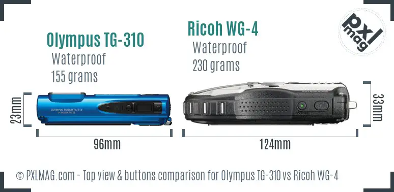 Olympus TG-310 vs Ricoh WG-4 top view buttons comparison