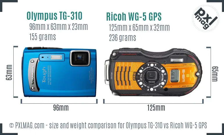 Olympus TG-310 vs Ricoh WG-5 GPS size comparison