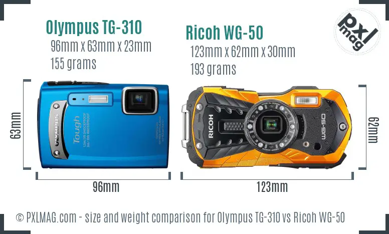 Olympus TG-310 vs Ricoh WG-50 size comparison