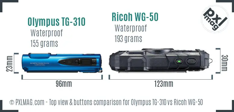Olympus TG-310 vs Ricoh WG-50 top view buttons comparison