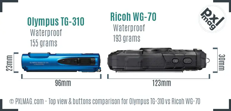 Olympus TG-310 vs Ricoh WG-70 top view buttons comparison