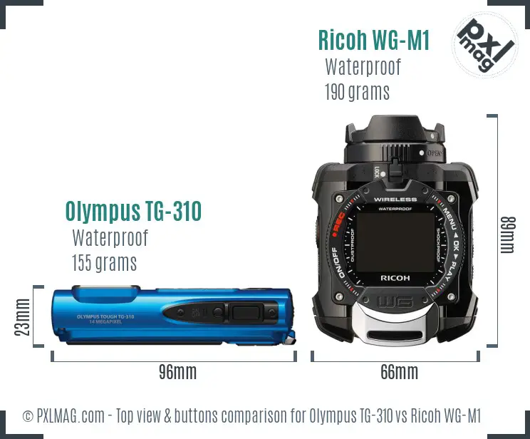 Olympus TG-310 vs Ricoh WG-M1 top view buttons comparison