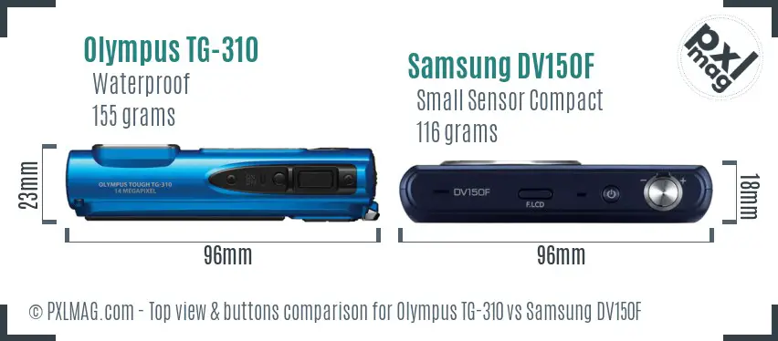 Olympus TG-310 vs Samsung DV150F top view buttons comparison