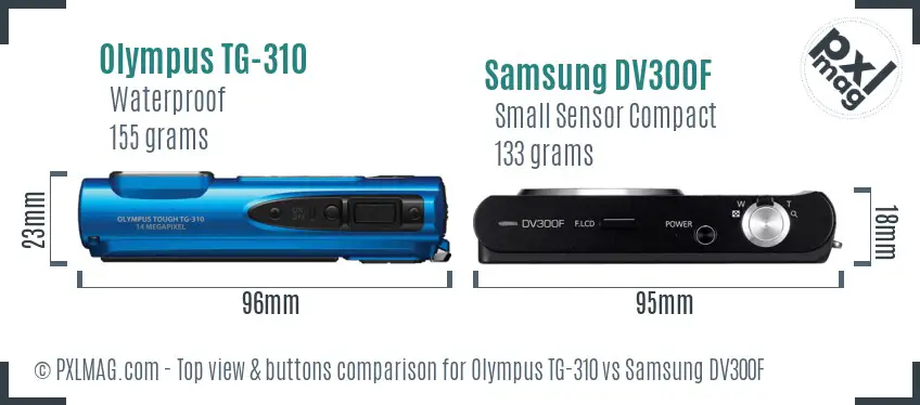Olympus TG-310 vs Samsung DV300F top view buttons comparison