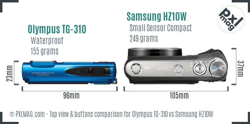 Olympus TG-310 vs Samsung HZ10W top view buttons comparison