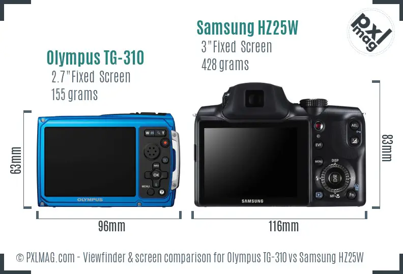 Olympus TG-310 vs Samsung HZ25W Screen and Viewfinder comparison