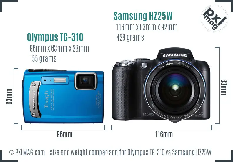 Olympus TG-310 vs Samsung HZ25W size comparison
