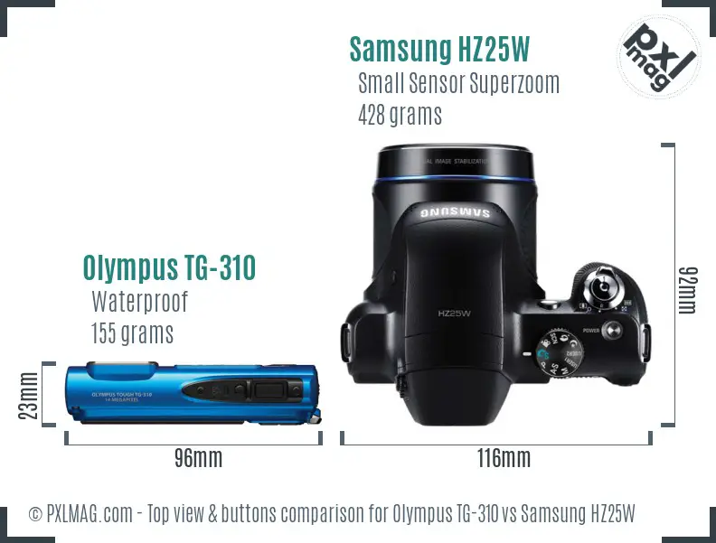 Olympus TG-310 vs Samsung HZ25W top view buttons comparison