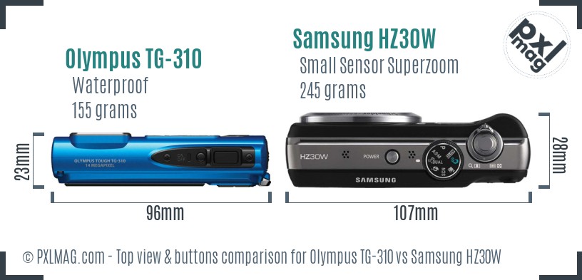 Olympus TG-310 vs Samsung HZ30W top view buttons comparison