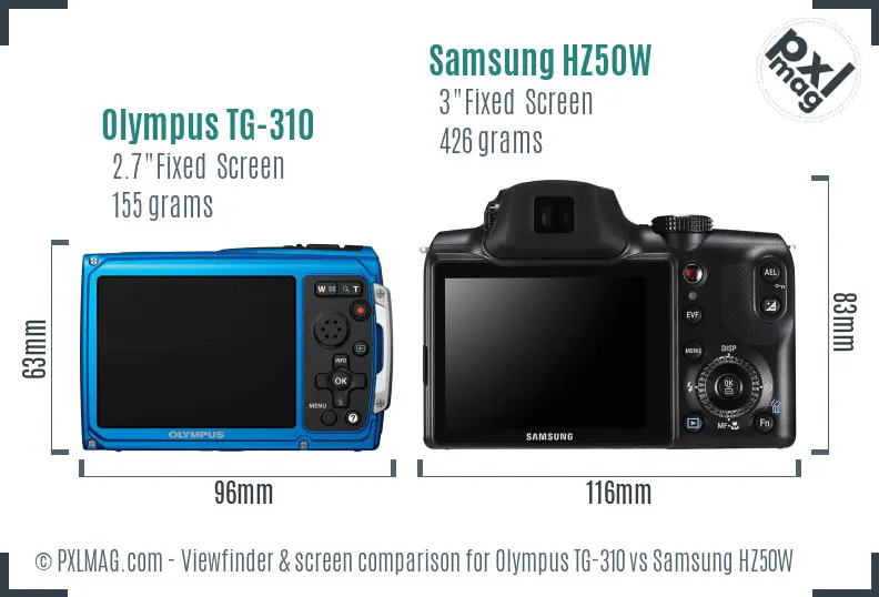 Olympus TG-310 vs Samsung HZ50W Screen and Viewfinder comparison