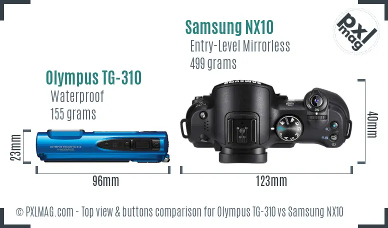 Olympus TG-310 vs Samsung NX10 top view buttons comparison