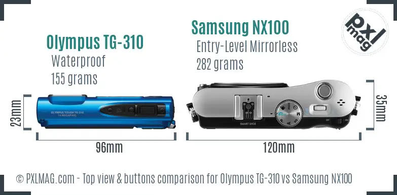 Olympus TG-310 vs Samsung NX100 top view buttons comparison