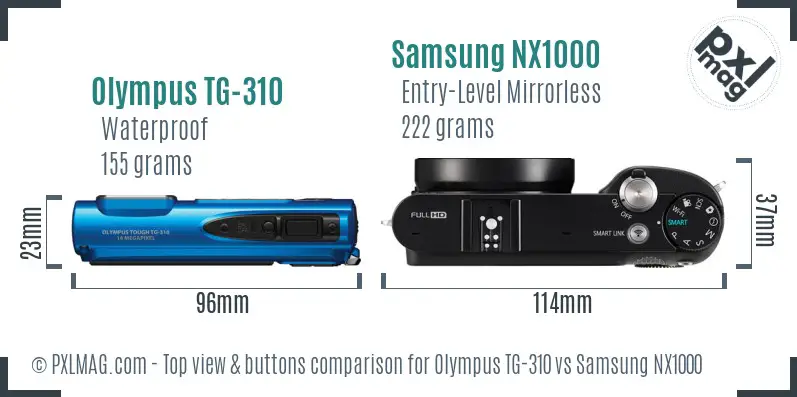 Olympus TG-310 vs Samsung NX1000 top view buttons comparison