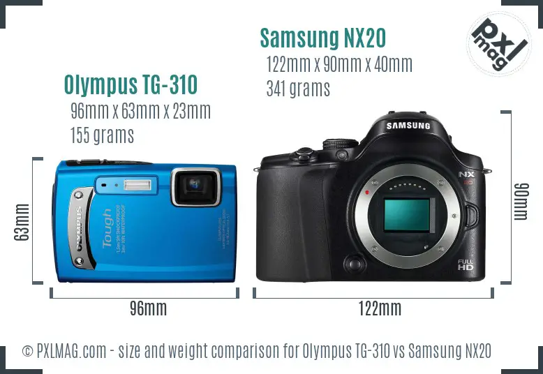 Olympus TG-310 vs Samsung NX20 size comparison Olympus TG-310 vs Samsung NX20 size comparison