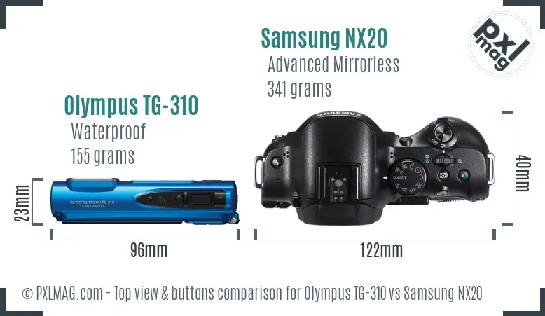 Olympus TG-310 vs Samsung NX20 top view buttons comparison Olympus TG-310 vs Samsung NX20 top view buttons comparison
