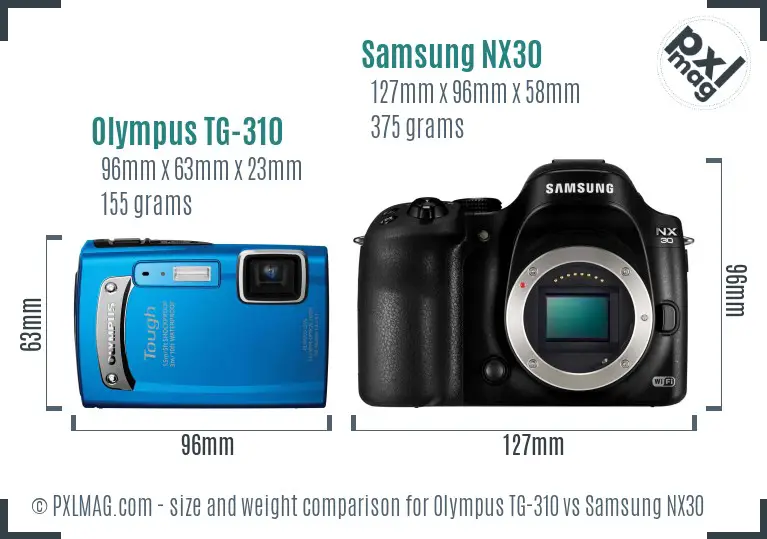 Olympus TG-310 vs Samsung NX30 size comparison Olympus TG-310 vs Samsung NX30 size comparison