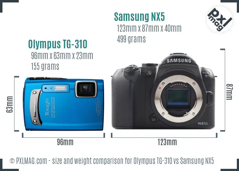 Olympus TG-310 vs Samsung NX5 size comparison