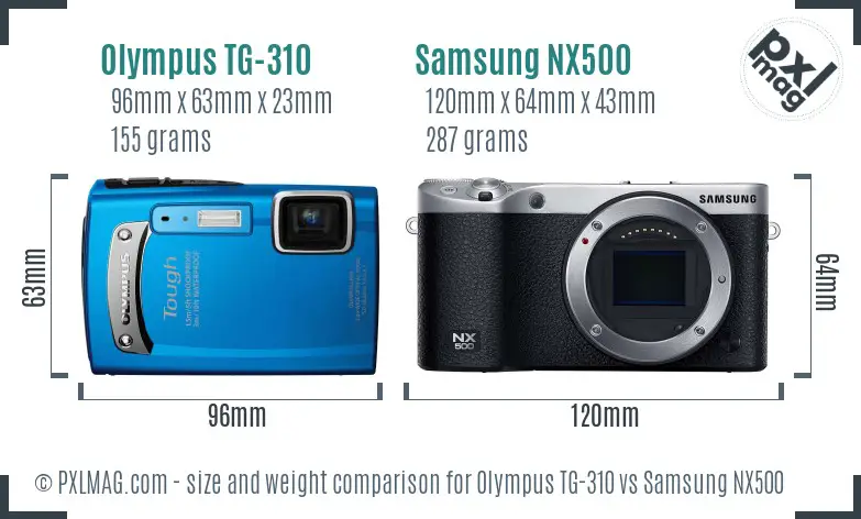 Olympus TG-310 vs Samsung NX500 size comparison
